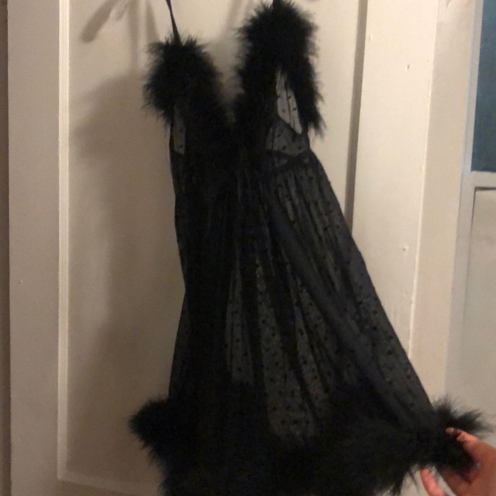 Black mesh babydoll with feather trim